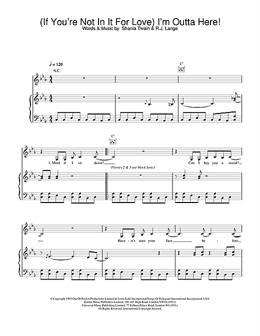 Learn to play Shania Twain (If You're Not In It For Love) I'm Outta Here! sheet music for Piano, Vocal & Guitar in minutes. Shania Twain (If You're Not In It For Love) I'm Outta Here! sheet music notes and chords. Download Printable PDF.