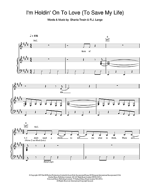 Learn to play Shania Twain I'm Holdin' On To Love (To Save My Life) sheet music for Piano, Vocal & Guitar in minutes. Shania Twain I'm Holdin' On To Love (To Save My Life) sheet music notes and chords. Download Printable PDF.