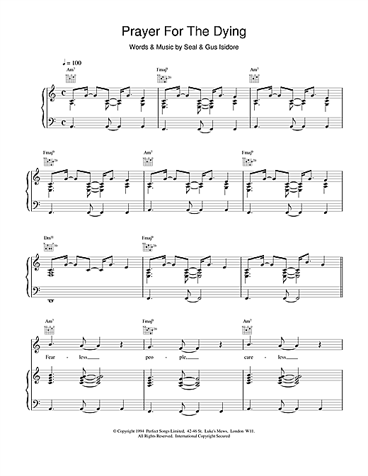 Learn to play Seal Prayer For The Dying sheet music for Piano, Vocal & Guitar (Right-Hand Melody) in minutes. Seal Prayer For The Dying sheet music notes and chords. Download Printable PDF.