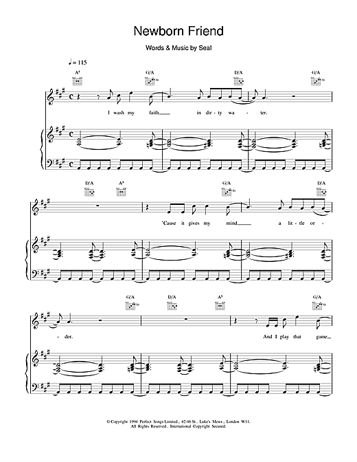 Learn to play Seal Newborn Friend sheet music for Piano, Vocal & Guitar in minutes. Seal Newborn Friend sheet music notes and chords. Download Printable PDF.