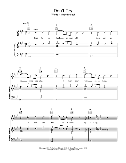 Learn to play Seal Don't Cry sheet music for Piano, Vocal & Guitar (Right-Hand Melody) in minutes. Seal Don't Cry sheet music notes and chords. Download Printable PDF.