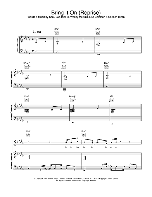 Learn to play Seal Bring It On (Reprise) sheet music for Piano, Vocal & Guitar in minutes. Seal Bring It On (Reprise) sheet music notes and chords. Download Printable PDF.