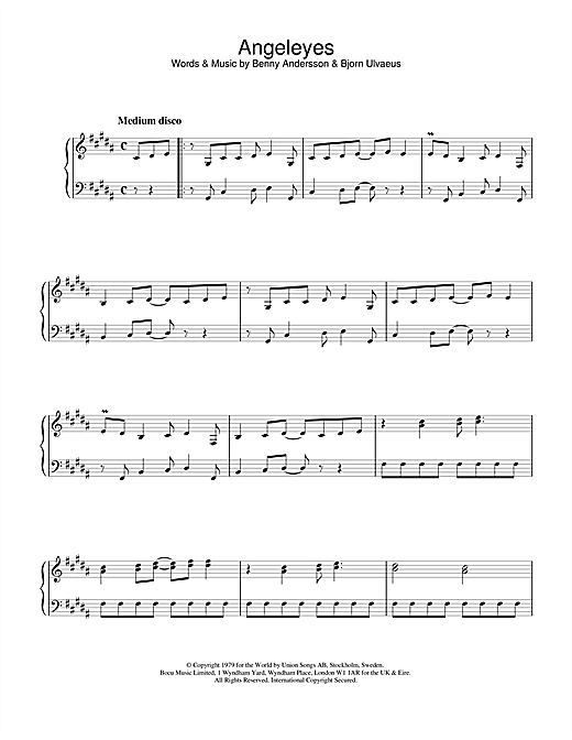 Learn to play ABBA Angeleyes sheet music for Piano, Vocal & Guitar (Right-Hand Melody) in minutes. ABBA Angeleyes sheet music notes and chords. Download Printable PDF.