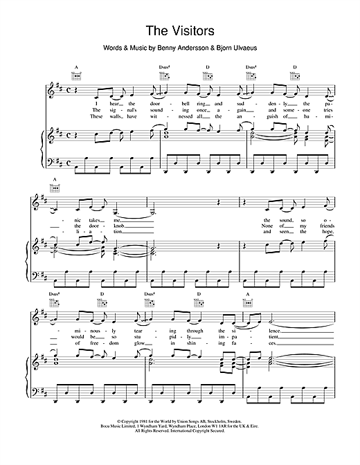Learn to play ABBA The Visitors sheet music for Piano, Vocal & Guitar (Right-Hand Melody) in minutes. ABBA The Visitors sheet music notes and chords. Download Printable PDF.