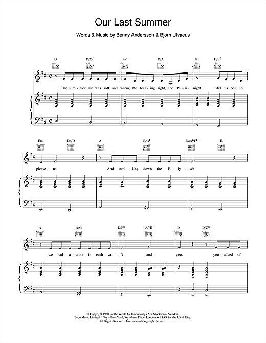 Learn to play ABBA Our Last Summer sheet music for Piano, Vocal & Guitar in minutes. ABBA Our Last Summer sheet music notes and chords. Download Printable PDF.