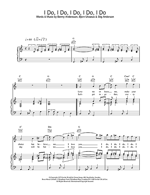 Learn to play ABBA I Do, I Do, I Do, I Do, I Do sheet music for Piano, Vocal & Guitar in minutes. ABBA I Do, I Do, I Do, I Do, I Do sheet music notes and chords. Download Printable PDF.