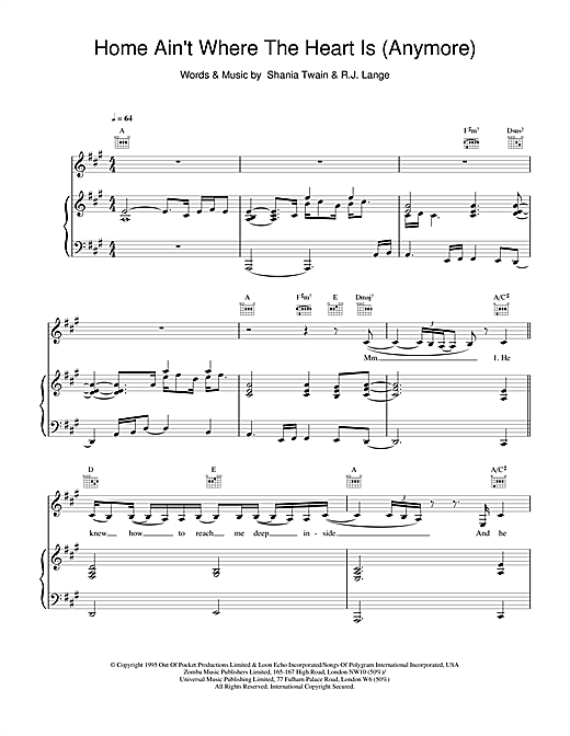 Learn to play Shania Twain Home Ain't Where His Heart Is (Anymore) sheet music for Piano, Vocal & Guitar in minutes. Shania Twain Home Ain't Where His Heart Is (Anymore) sheet music notes and chords. Download Printable PDF.