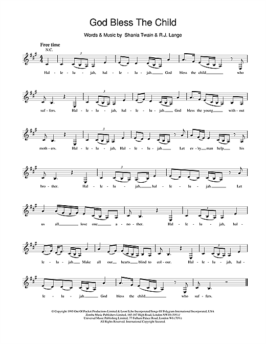 Learn to play Shania Twain God Bless The Child sheet music for Melody Line, Lyrics & Chords in minutes. Shania Twain God Bless The Child sheet music notes and chords. Download Printable PDF.