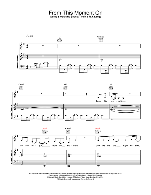 Learn to play Shania Twain From This Moment On sheet music for Piano, Vocal & Guitar in minutes. Shania Twain From This Moment On sheet music notes and chords. Download Printable PDF.