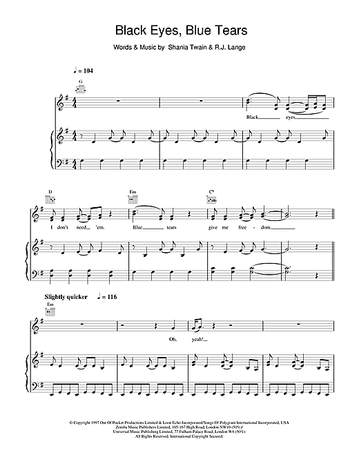 Learn to play Shania Twain Black Eyes, Blue Tears sheet music for Piano, Vocal & Guitar in minutes. Shania Twain Black Eyes, Blue Tears sheet music notes and chords. Download Printable PDF.