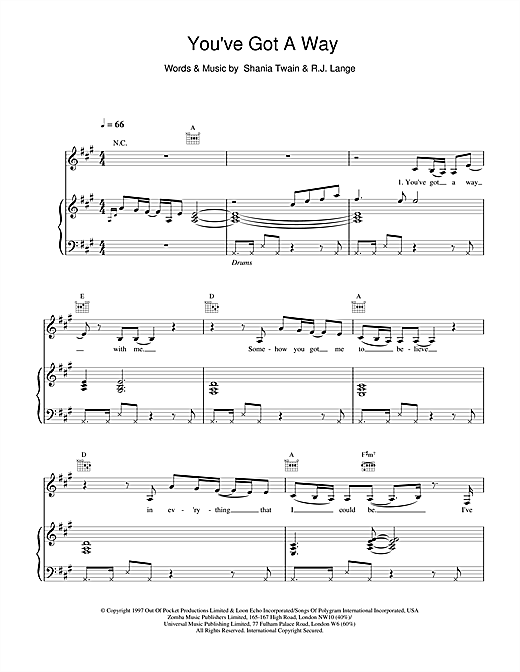 Learn to play Shania Twain You've Got A way sheet music for Piano, Vocal & Guitar in minutes. Shania Twain You've Got A way sheet music notes and chords. Download Printable PDF.