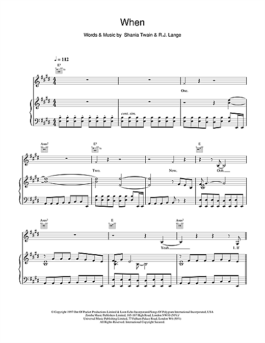 Learn to play Shania Twain When sheet music for Piano, Vocal & Guitar in minutes. Shania Twain When sheet music notes and chords. Download Printable PDF.