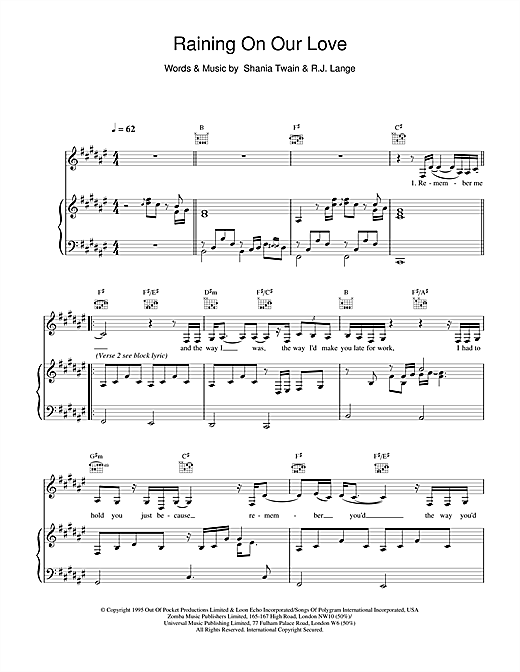 Learn to play Shania Twain Raining On Our Love sheet music for Piano, Vocal & Guitar in minutes. Shania Twain Raining On Our Love sheet music notes and chords. Download Printable PDF.