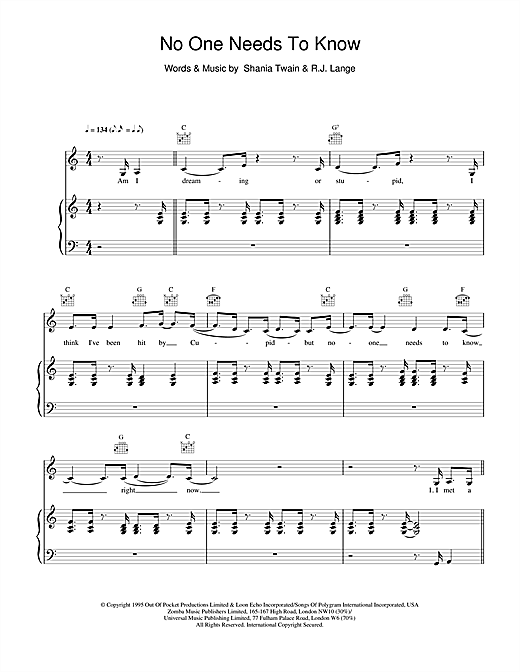 Learn to play Shania Twain No One Needs To Know sheet music for Piano, Vocal & Guitar in minutes. Shania Twain No One Needs To Know sheet music notes and chords. Download Printable PDF.