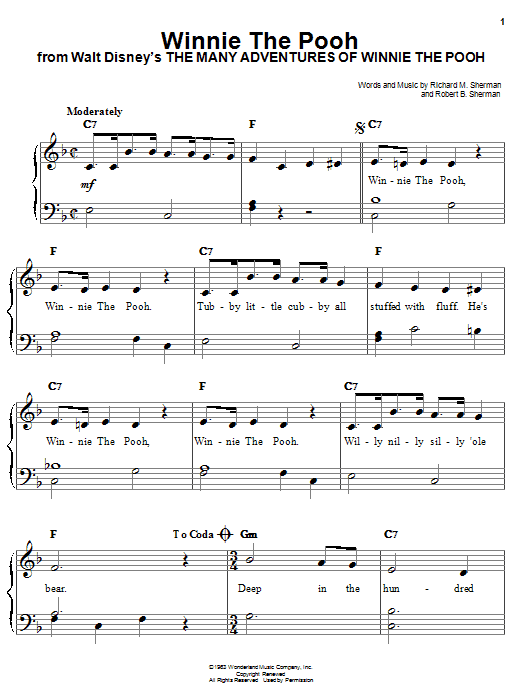 Learn to play Sherman Brothers Winnie The Pooh sheet music for Easy Piano in minutes. Sherman Brothers Winnie The Pooh sheet music notes and chords. Download Printable PDF.