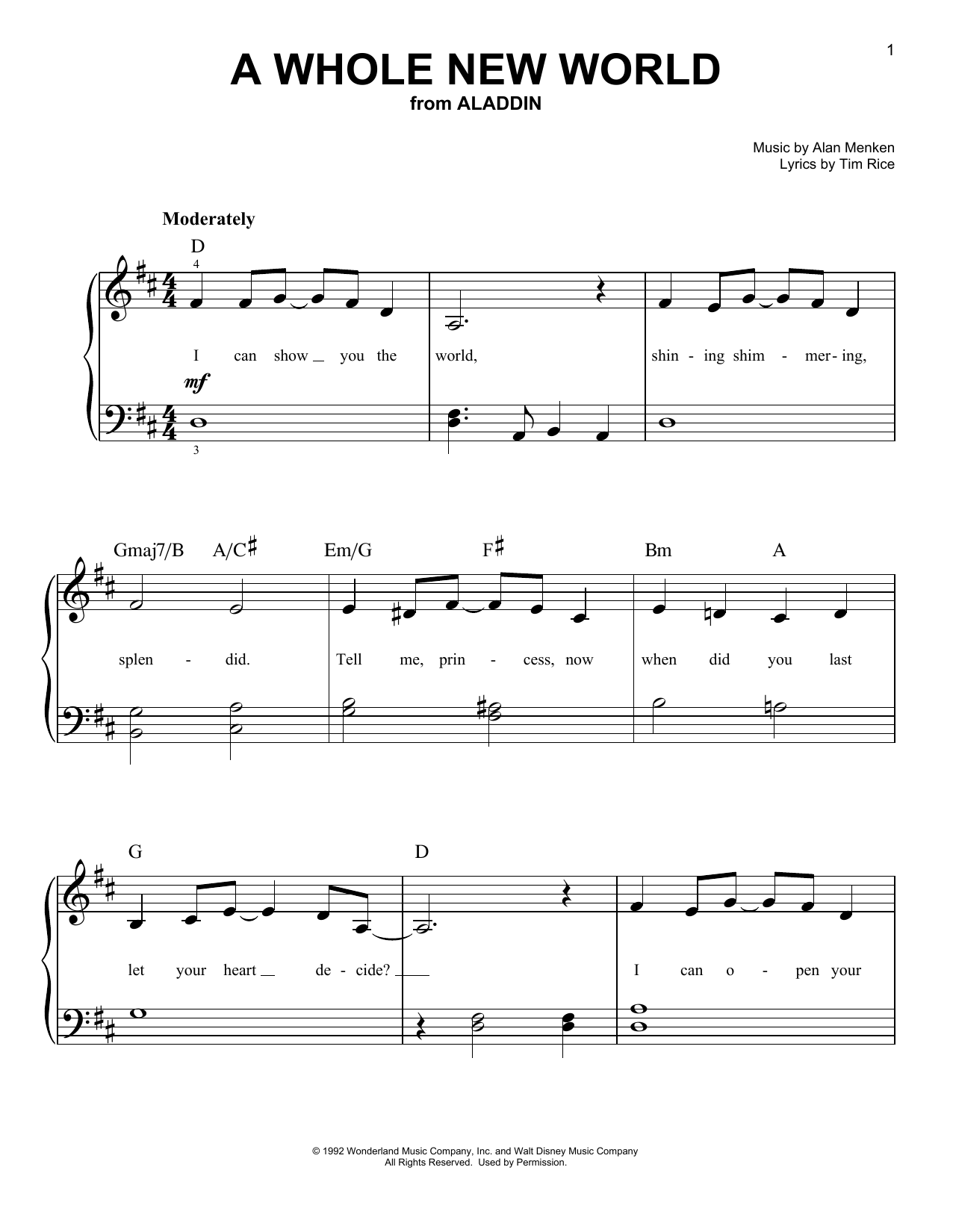 Learn to play Alan Menken A Whole New World (from Aladdin) sheet music for Easy Piano in minutes. Alan Menken A Whole New World (from Aladdin) sheet music notes and chords. Download Printable PDF.