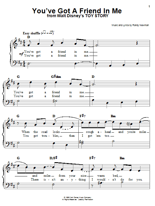 Learn to play Randy Newman You've Got A Friend In Me sheet music for Easy Piano in minutes. Randy Newman You've Got A Friend In Me sheet music notes and chords. Download Printable PDF.