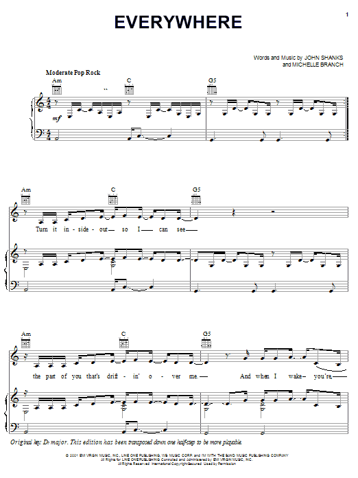 Learn to play Michelle Branch Everywhere sheet music for Piano, Vocal & Guitar (Right-Hand Melody) in minutes. Michelle Branch Everywhere sheet music notes and chords. Download Printable PDF.