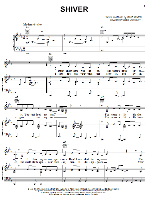 Learn to play Jamie O'Neal Shiver sheet music for Piano, Vocal & Guitar (Right-Hand Melody) in minutes. Jamie O'Neal Shiver sheet music notes and chords. Download Printable PDF.