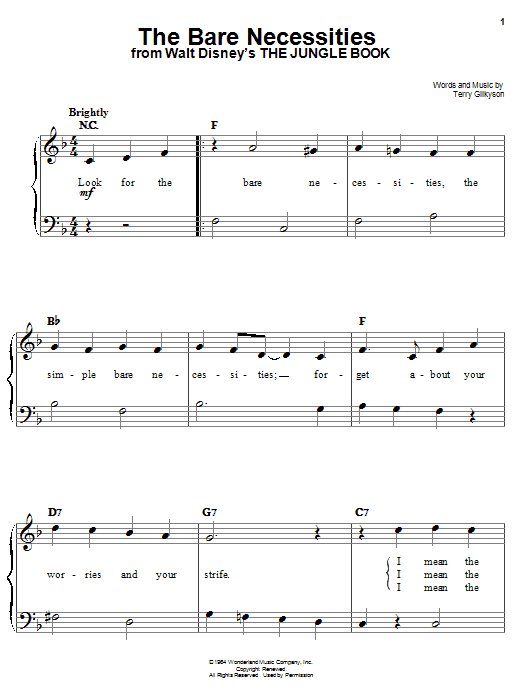 Learn to play Terry Gilkyson The Bare Necessities (from Disney's The Jungle Book) sheet music for Easy Piano in minutes. Terry Gilkyson The Bare Necessities (from Disney's The Jungle Book) sheet music notes and chords. Download Printable PDF.