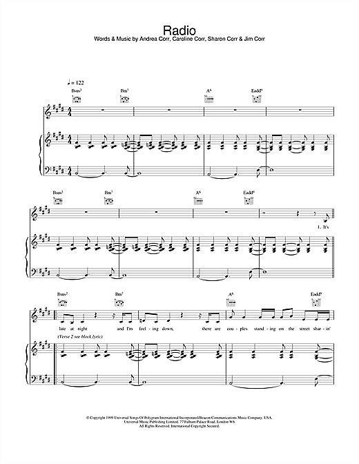 Learn to play The Corrs Radio sheet music for Piano, Vocal & Guitar in minutes. The Corrs Radio sheet music notes and chords. Download Printable PDF.
