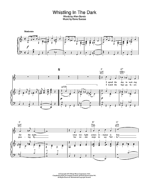 Learn to play Dana Suesse Whistling In The Dark sheet music for Piano, Vocal & Guitar (Right-Hand Melody) in minutes. Dana Suesse Whistling In The Dark sheet music notes and chords. Download Printable PDF.