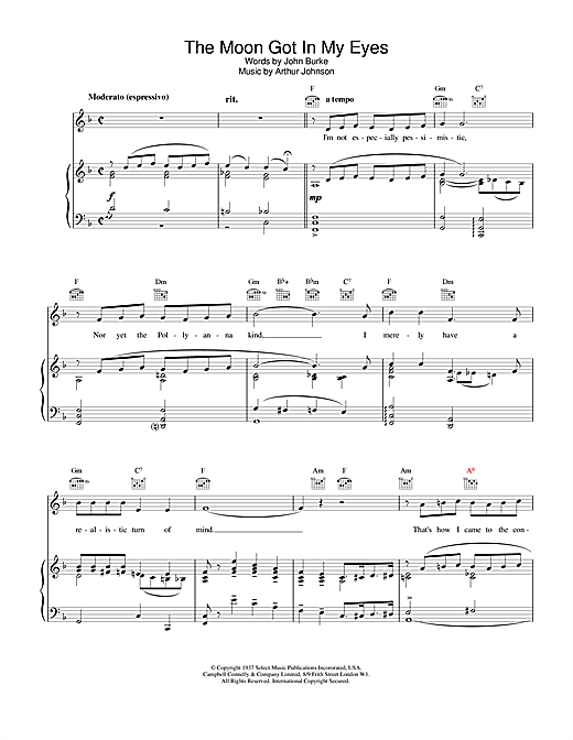 Learn to play Bing Crosby The Moon Got In My Eyes sheet music for Piano, Vocal & Guitar (Right-Hand Melody) in minutes. Bing Crosby The Moon Got In My Eyes sheet music notes and chords. Download Printable PDF.