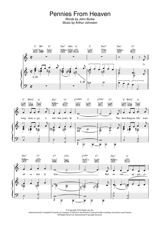 Learn to play Bing Crosby Pennies From Heaven sheet music for Piano, Vocal & Guitar (Right-Hand Melody) in minutes. Bing Crosby Pennies From Heaven sheet music notes and chords. Download Printable PDF.