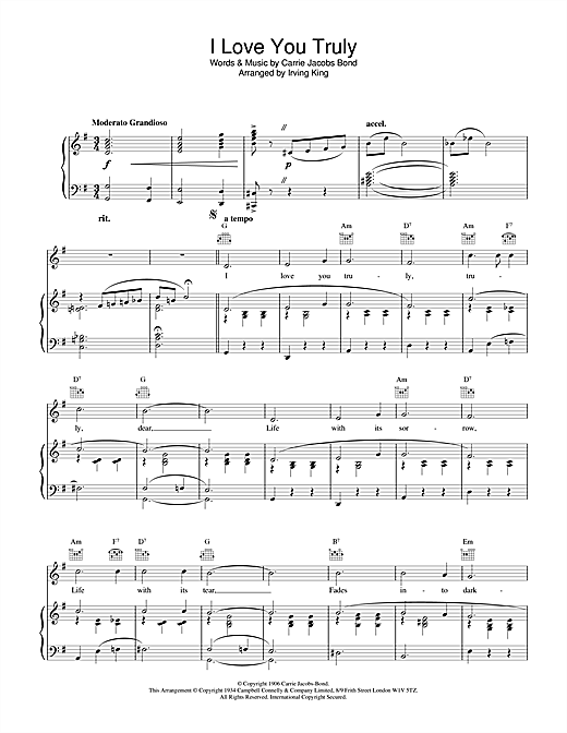 Learn to play Bond & Irving I Love You Truly sheet music for Piano, Vocal & Guitar (Right-Hand Melody) in minutes. Bond & Irving I Love You Truly sheet music notes and chords. Download Printable PDF.