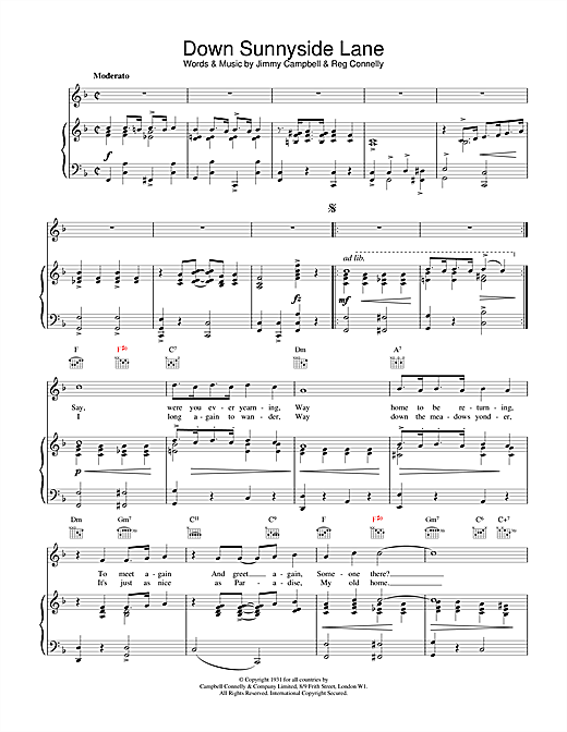 Learn to play Jimmy Campbell and Reg Connelly Down Sunnyside Lane sheet music for Piano, Vocal & Guitar (Right-Hand Melody) in minutes. Jimmy Campbell and Reg Connelly Down Sunnyside Lane sheet music notes and chords. Download Printable PDF.