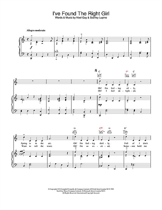 Learn to play Noel Gay & Stanley Lupino I've Found The Right Girl sheet music for Piano, Vocal & Guitar (Right-Hand Melody) in minutes. Noel Gay & Stanley Lupino I've Found The Right Girl sheet music notes and chords. Download Printable PDF.