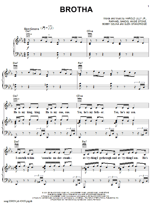 Learn to play Angie Stone Brotha sheet music for Piano, Vocal & Guitar (Right-Hand Melody) in minutes. Angie Stone Brotha sheet music notes and chords. Download Printable PDF.