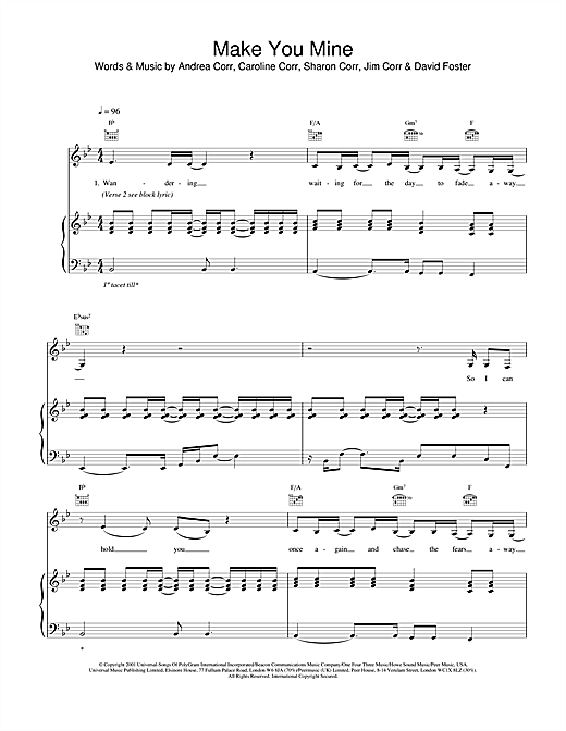 Learn to play The Corrs Make You Mine sheet music for Piano, Vocal & Guitar in minutes. The Corrs Make You Mine sheet music notes and chords. Download Printable PDF.