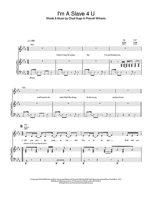 Learn to play Britney Spears I'm A Slave 4 U sheet music for Piano, Vocal & Guitar in minutes. Britney Spears I'm A Slave 4 U sheet music notes and chords. Download Printable PDF.