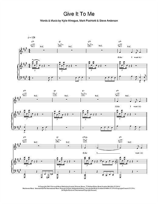 Learn to play Kylie Minogue Give It To Me sheet music for Piano, Vocal & Guitar in minutes. Kylie Minogue Give It To Me sheet music notes and chords. Download Printable PDF.