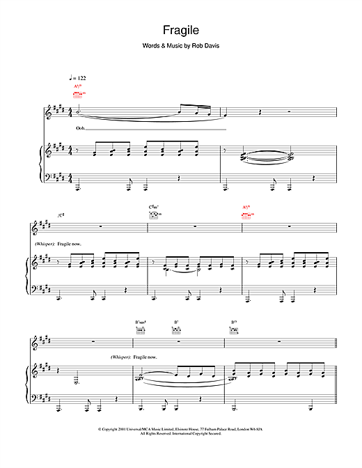 Learn to play Kylie Minogue Fragile sheet music for Piano, Vocal & Guitar in minutes. Kylie Minogue Fragile sheet music notes and chords. Download Printable PDF.