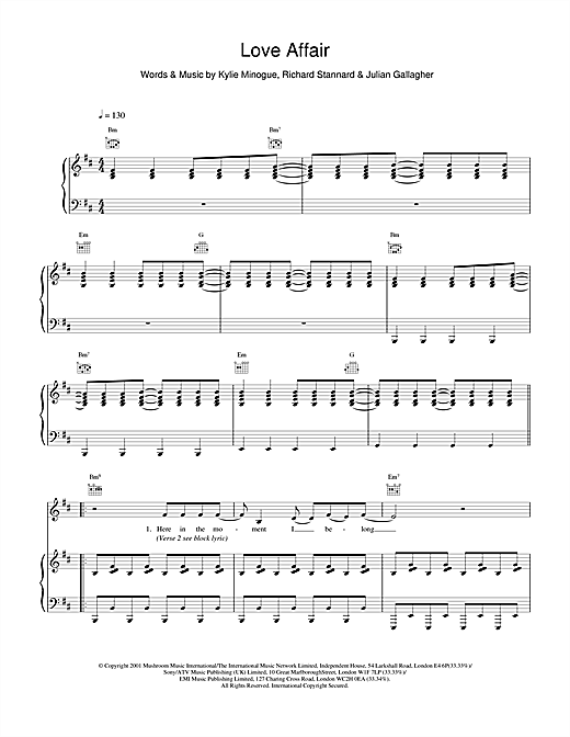 Learn to play Kylie Minogue Love Affair sheet music for Piano, Vocal & Guitar in minutes. Kylie Minogue Love Affair sheet music notes and chords. Download Printable PDF.