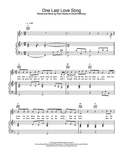 Learn to play The Beautiful South One Last Love Song sheet music for Piano, Vocal & Guitar in minutes. The Beautiful South One Last Love Song sheet music notes and chords. Download Printable PDF.