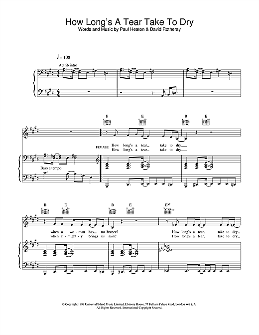 Learn to play The Beautiful South How Long's A Tear Take To Dry? sheet music for Piano, Vocal & Guitar in minutes. The Beautiful South How Long's A Tear Take To Dry? sheet music notes and chords. Download Printable PDF.