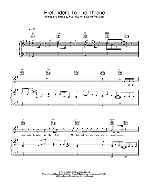 Learn to play The Beautiful South Pretenders To The Throne sheet music for Piano, Vocal & Guitar in minutes. The Beautiful South Pretenders To The Throne sheet music notes and chords. Download Printable PDF.