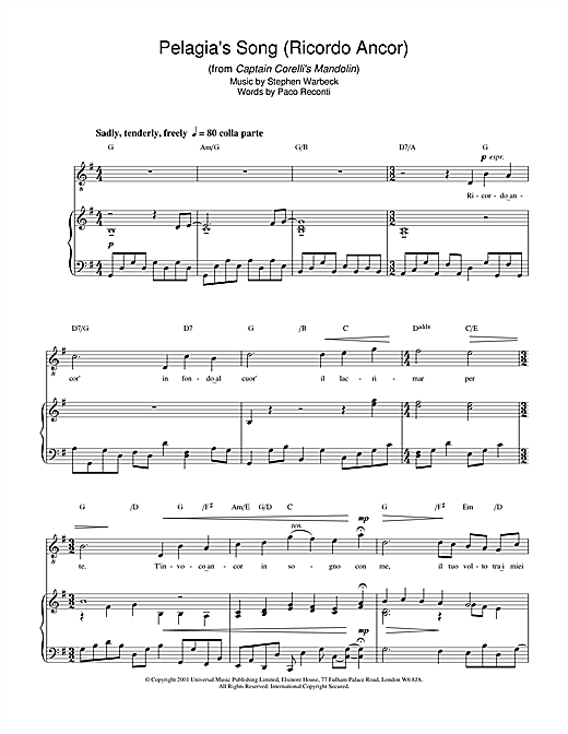 Learn to play Stephen Warbeck Pelagia's Song (Ricordo Ancor) (from Captain Corelli's Mandolin) sheet music for Piano, Vocal & Guitar in minutes. Stephen Warbeck Pelagia's Song (Ricordo Ancor) (from Captain Corelli's Mandolin) sheet music notes and chords. Download Printable PDF.