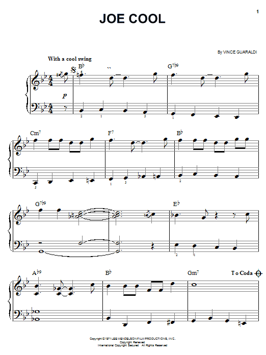 Learn to play Vince Guaraldi Joe Cool sheet music for Easy Piano in minutes. Vince Guaraldi Joe Cool sheet music notes and chords. Download Printable PDF.