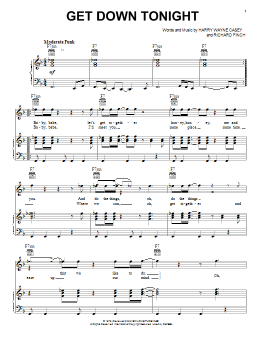 Learn to play KC and The Sunshine Band Get Down Tonight sheet music for Piano, Vocal & Guitar (Right-Hand Melody) in minutes. KC and The Sunshine Band Get Down Tonight sheet music notes and chords. Download Printable PDF.