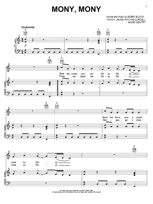 Learn to play Tommy James & The Shondells Mony, Mony sheet music for Piano, Vocal & Guitar (Right-Hand Melody) in minutes. Tommy James & The Shondells Mony, Mony sheet music notes and chords. Download Printable PDF.