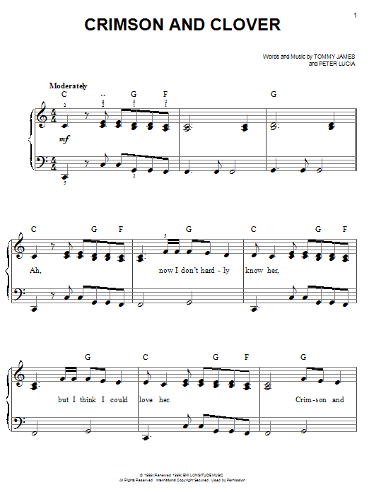 Learn to play Tommy James And The Shondells Crimson And Clover sheet music for Easy Piano in minutes. Tommy James And The Shondells Crimson And Clover sheet music notes and chords. Download Printable PDF.