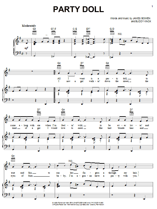 Learn to play Buddy Knox Party Doll sheet music for Piano, Vocal & Guitar (Right-Hand Melody) in minutes. Buddy Knox Party Doll sheet music notes and chords. Download Printable PDF.