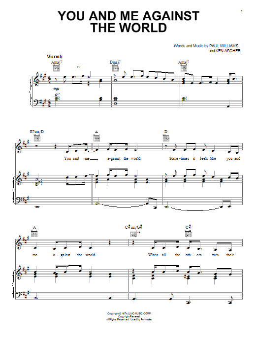 Learn to play Helen Reddy You And Me Against The World sheet music for Piano, Vocal & Guitar (Right-Hand Melody) in minutes. Helen Reddy You And Me Against The World sheet music notes and chords. Download Printable PDF.