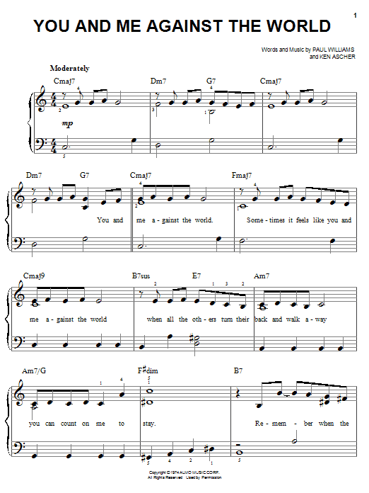 Learn to play Helen Reddy You And Me Against The World sheet music for Easy Piano in minutes. Helen Reddy You And Me Against The World sheet music notes and chords. Download Printable PDF.