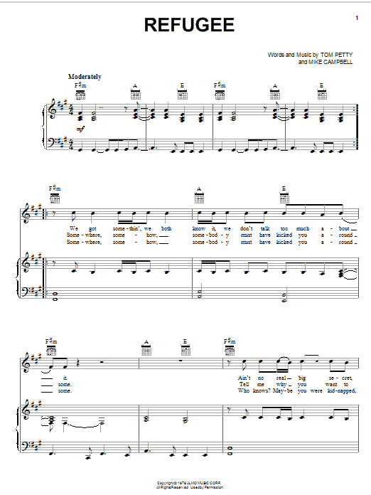 Learn to play Tom Petty And The Heartbreakers Refugee sheet music for Piano, Vocal & Guitar (Right-Hand Melody) in minutes. Tom Petty And The Heartbreakers Refugee sheet music notes and chords. Download Printable PDF.