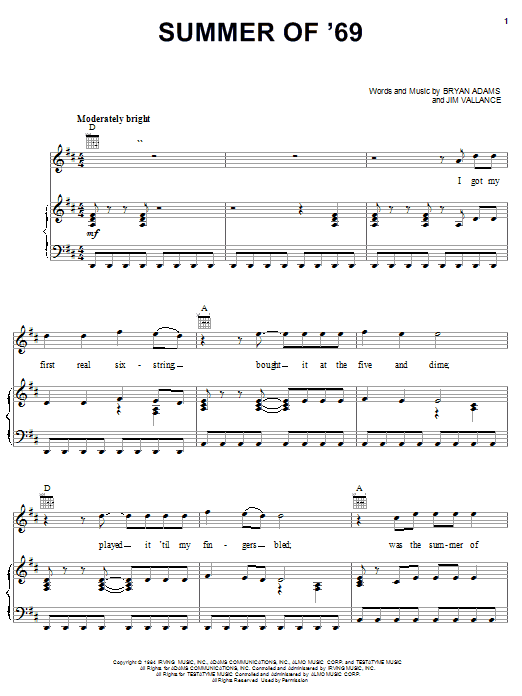 Learn to play Bryan Adams Summer Of '69 sheet music for Piano, Vocal & Guitar (Right-Hand Melody) in minutes. Bryan Adams Summer Of '69 sheet music notes and chords. Download Printable PDF.
